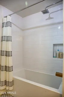 a bathroom with a shower and a bath tub