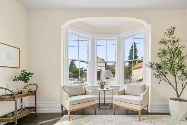 a living room with furniture and a potted plant