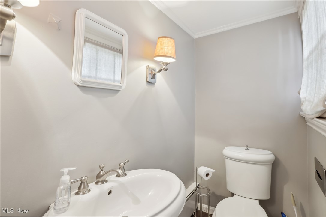 800 Merriman Road Akron, OH 44303 - Photo 36 of 42 Bathroom featuring toilet, crown molding, a sink, and healthy amount of natural light