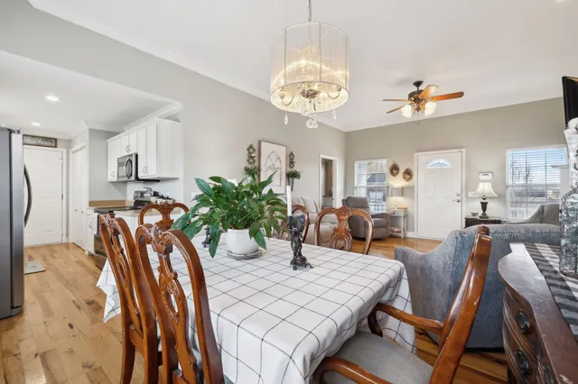 a view of a dining room with furniture