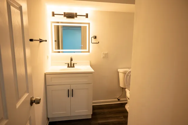 a bathroom with a sink and mirror