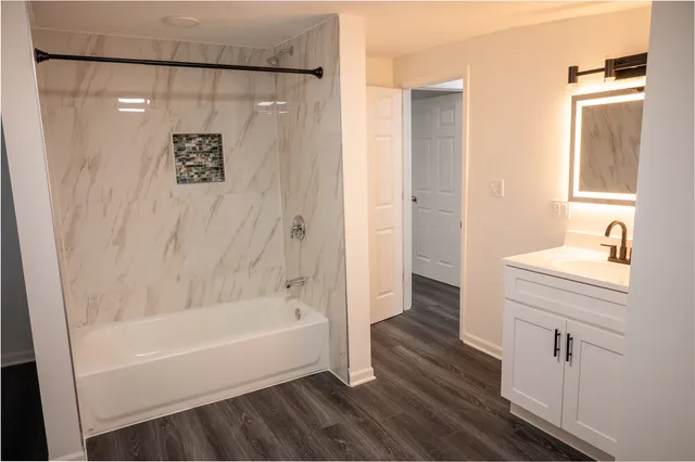 a bathroom with a bathtub and a shower