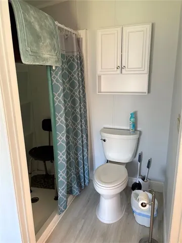 a white toilet sitting next to a shower curtain