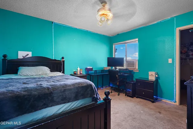 a bedroom with a bed and a bookshelf