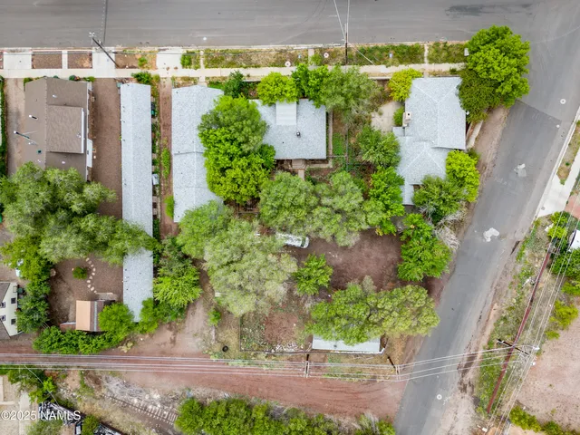 an aerial view of a house with a yard and plants