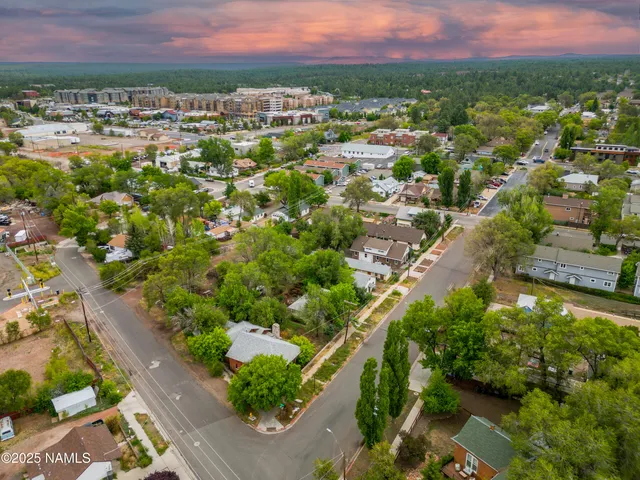an aerial view of residential houses with outdoor space and trees