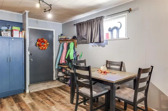 a view of a dining room with furniture