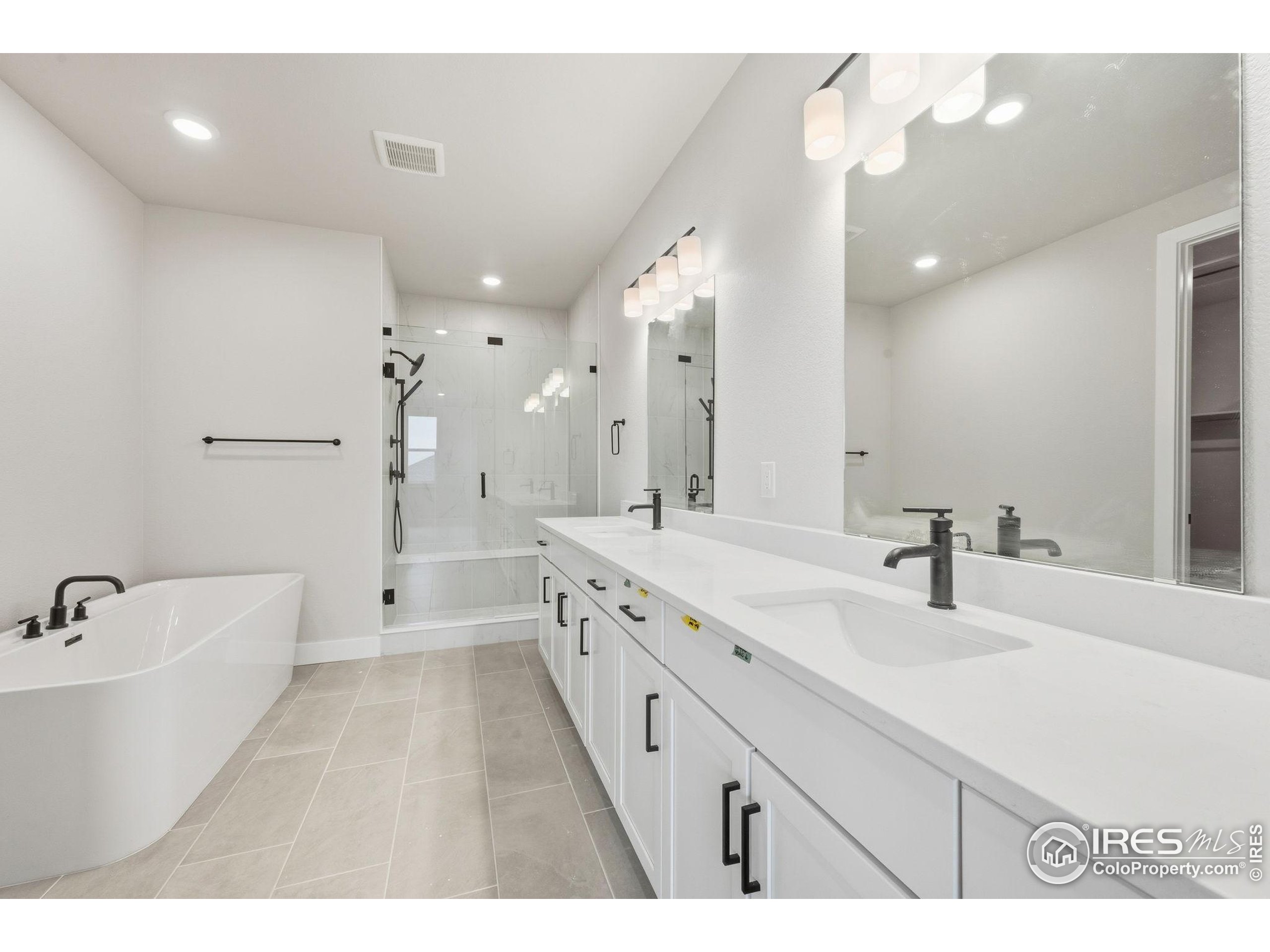 1675 Sundown Run Drive Windsor, CO 80550 - Photo 9 of 15 a bathroom with a double vanity sink a mirror and a bathtub