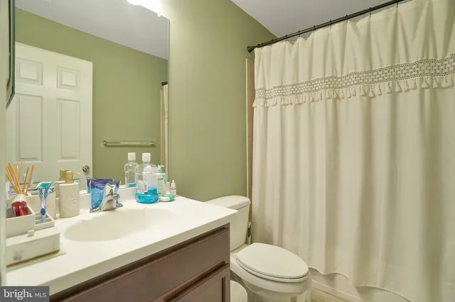 a bathroom with a sink a toilet a mirror and shower curtain