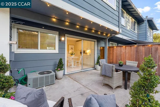 a balcony with furniture and a potted plant