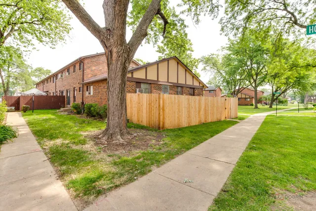 a backyard of a house with plants and large tree