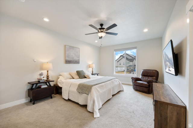 754 West 400 North, Unit 29 Mapleton, UT 84664 - Photo 8 of 25 Master Bedroom featuring light colored carpet, ceiling fan, and recessed lighting