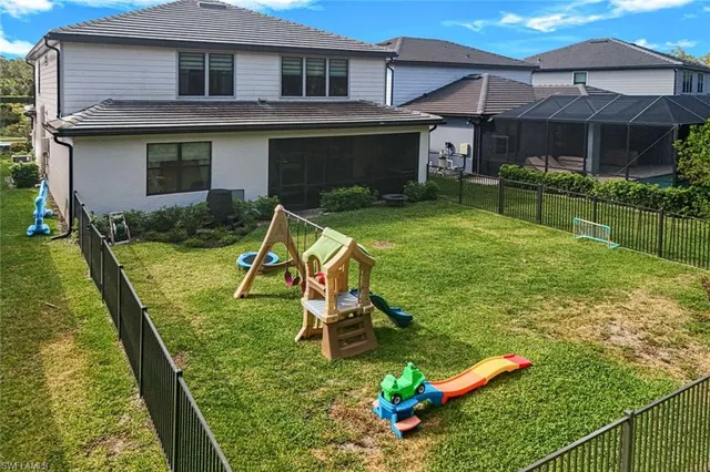 a garden view with a seating space