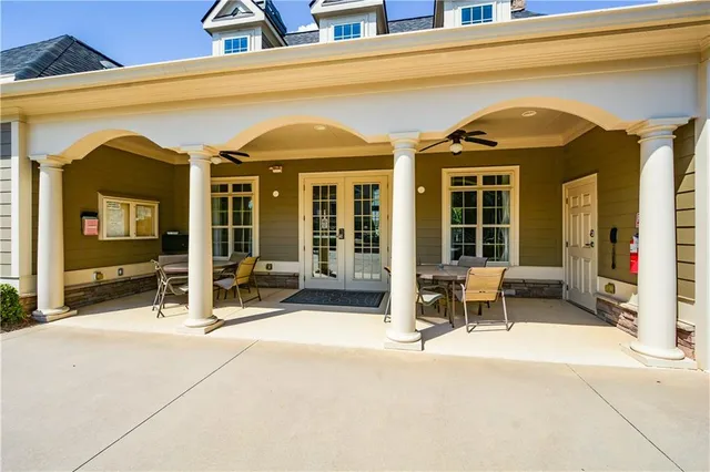 a view of a swimming pool with an outdoor space