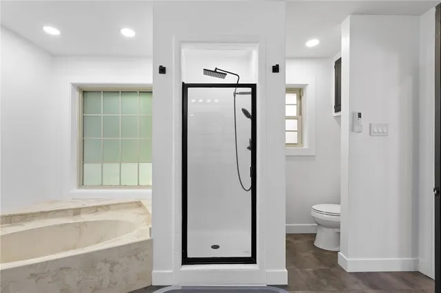 a bathroom with a shower and a toilet