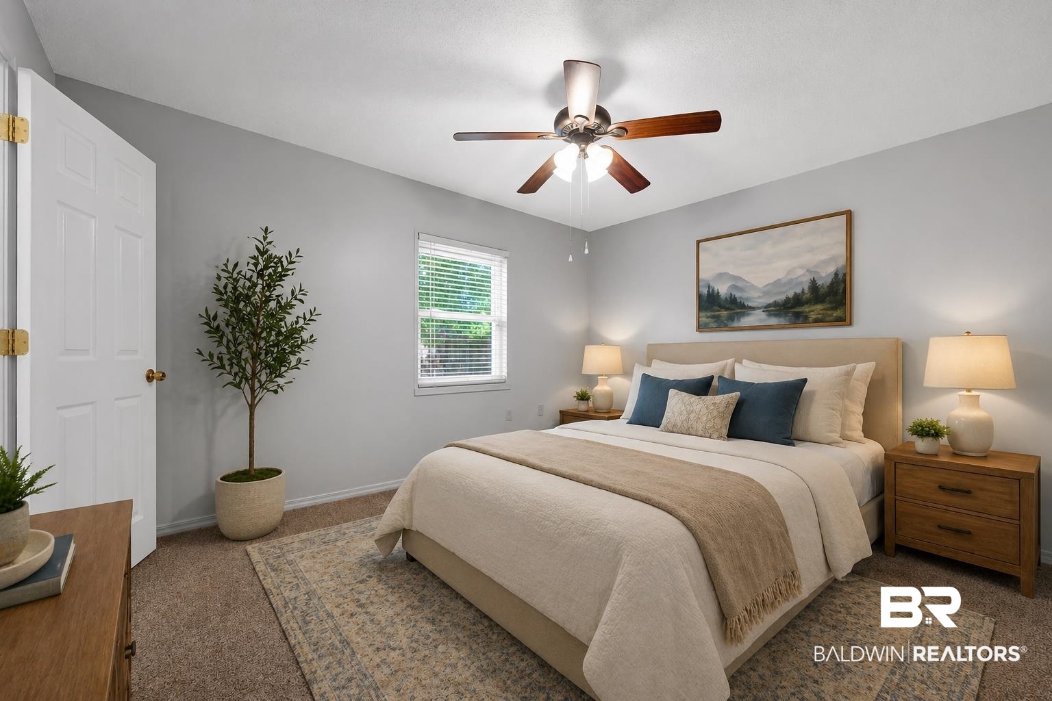 421 Cedar Court Foley, AL 36535 - Photo 35 of 39 Neutral wall tones with a ceiling fan, carpet flooring, a window with blinds, and white trim