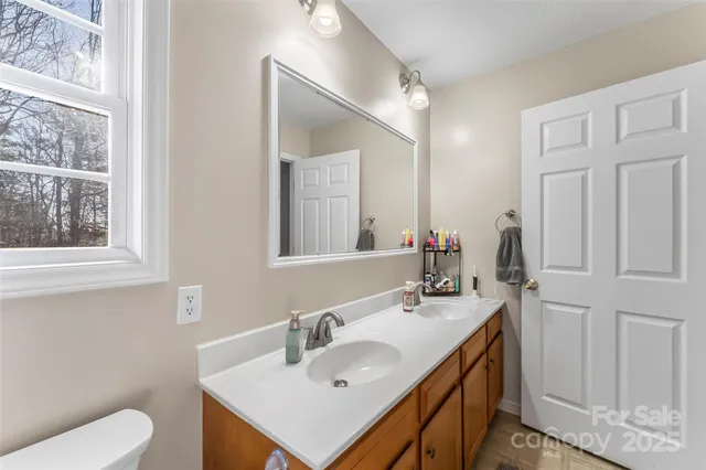 a bathroom with a sink vanity and a toilet