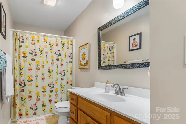 a bathroom with a granite countertop sink a toilet and a mirror