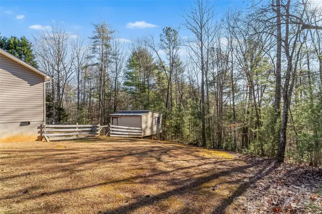 a view of a backyard with large trees