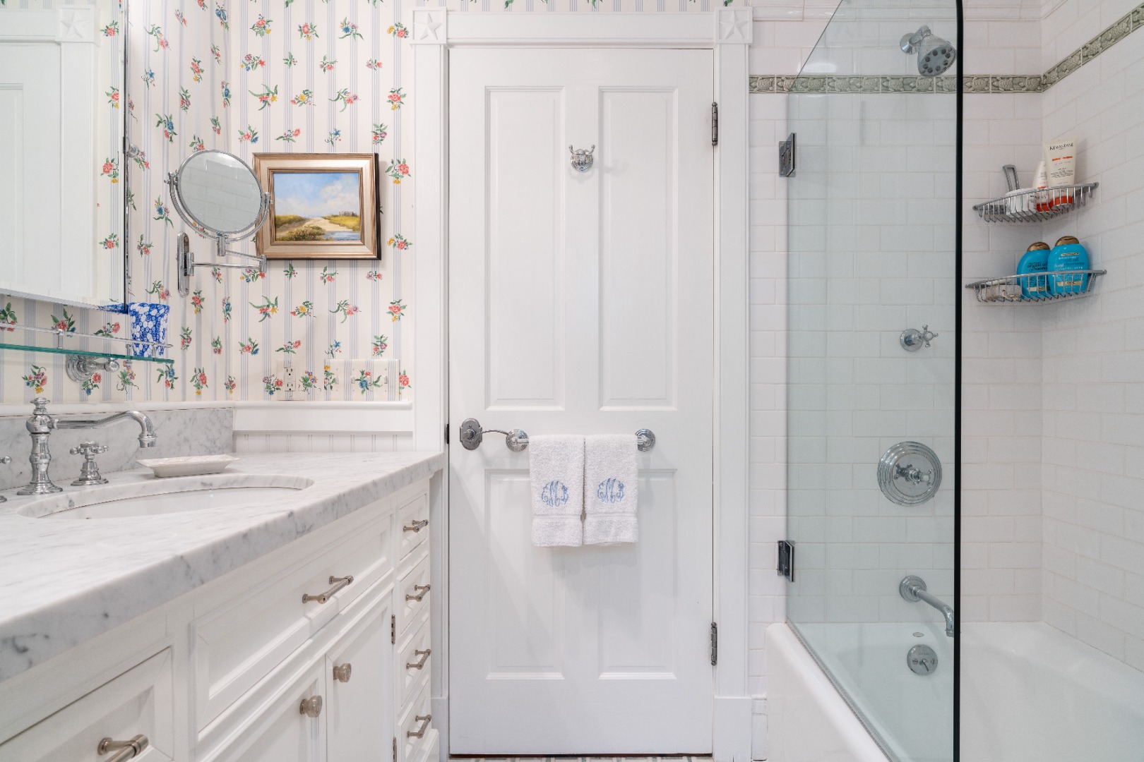 6 Ackermuck Road Nantucket, MA 02554 - Photo 37 of 40 a bathroom with a granite countertop sink a mirror a shower and a bathtub