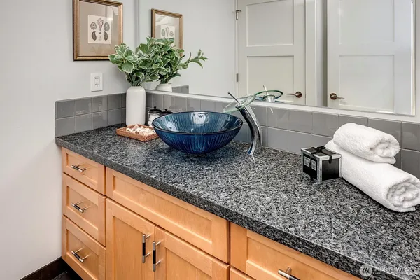 a room with a potted plant on the counter