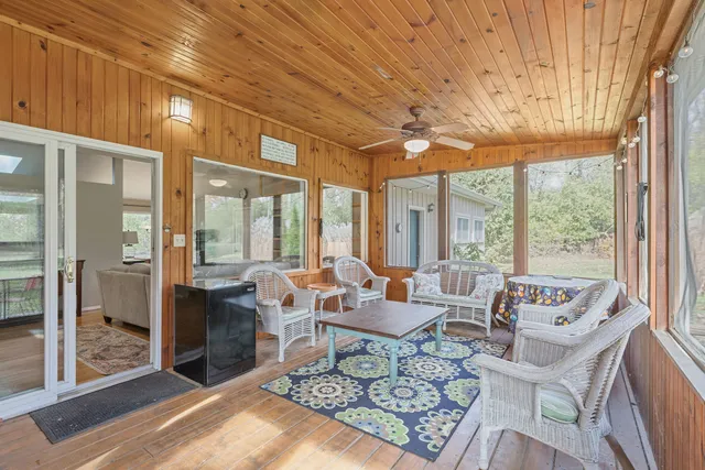 a living room with furniture and a floor to ceiling window
