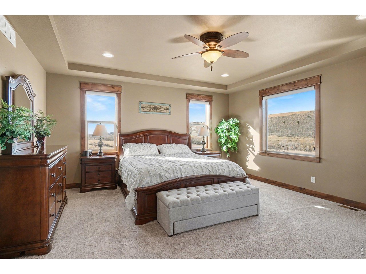 10723 Buckhorn Ridge Way Loveland, CO 80538 - Photo 18 of 50 a spacious bedroom with a bed chandelier and a potted plant
