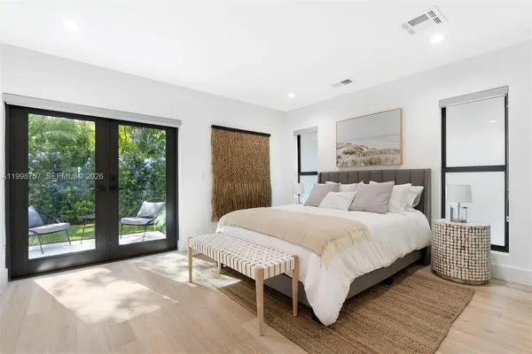 a bedroom with a large bed and a large window
