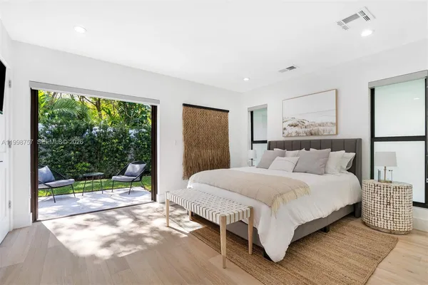a spacious bedroom with a bed a table and windows