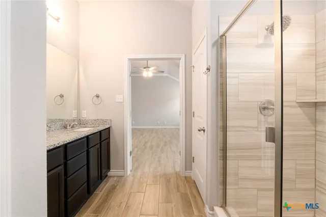 a bathroom with a granite countertop sink and a mirror