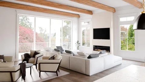 a living room with furniture a flat screen tv and a large window
