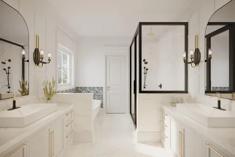 a bathroom with a sink vanity tub and a mirror