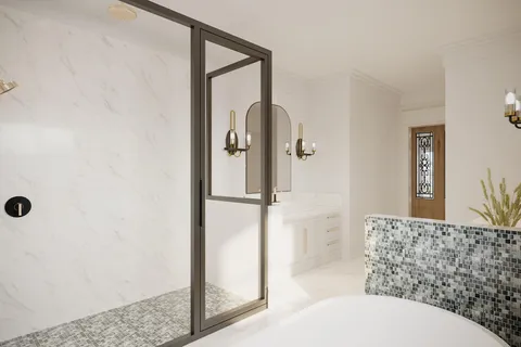 a bathroom with a granite countertop sink a mirror and shower