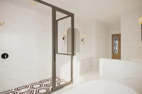a bathroom with a bathtub and shower