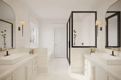 a bathroom with a double vanity sink mirror and