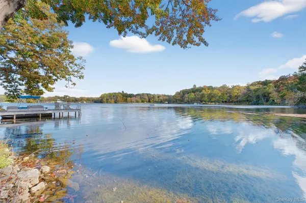 a view of a lake with houses in the back
