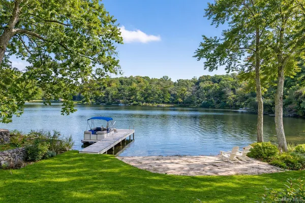 a view of a lake with a garden and trees