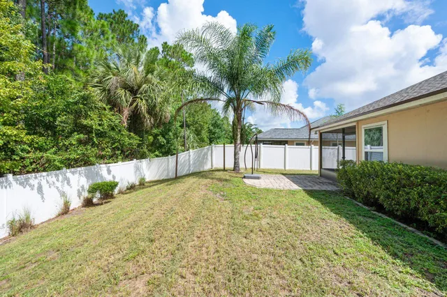 a view of a yard with plants and trees