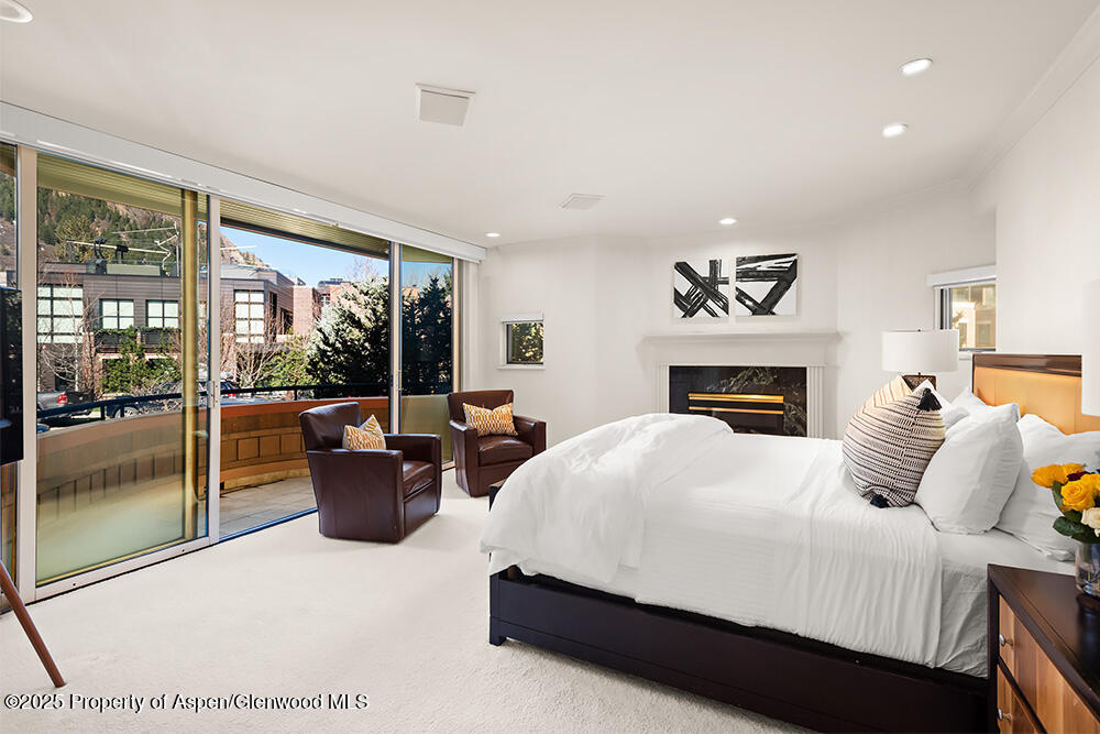 208 South Spring Street, Unit 1 Aspen, CO 81611 - Photo 12 of 29 a bedroom with a large bed and a fireplace