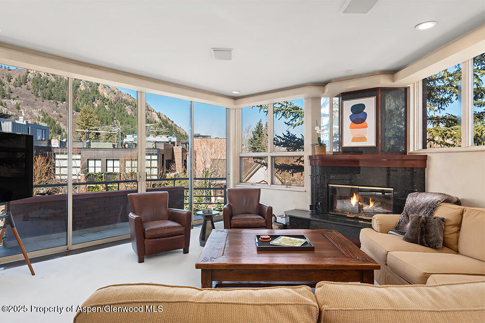 208 South Spring Street, Unit 1 Aspen, CO 81611 - Photo 8 of 29 a living room with furniture large windows and a fireplace