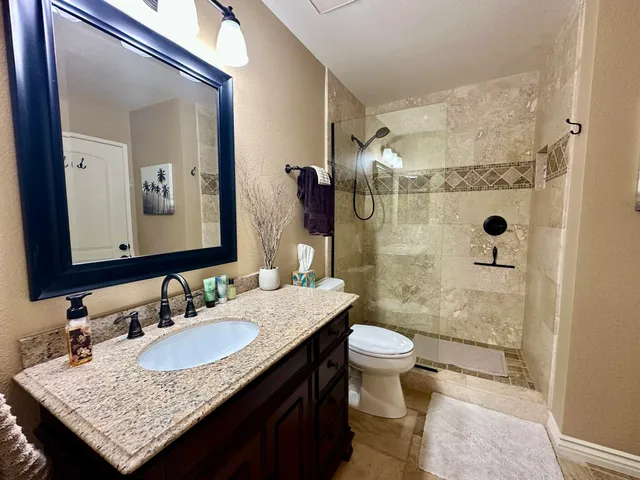 a bathroom with a granite countertop sink toilet and shower