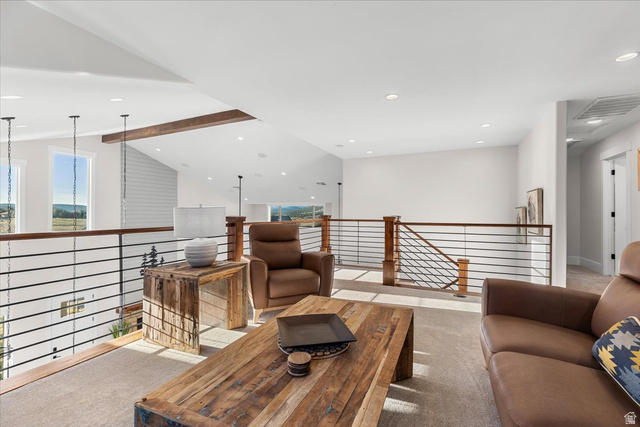 1210 East Bristle Cone Road Pine Valley, UT 84781 - Photo 22 of 54 Bright Loft Family Room area featuring clerestory windows, modern railing, vaulted ceiling with beams and recessed lighting