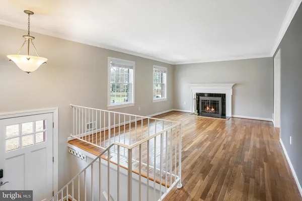 a view of empty room with wooden floor and fireplace