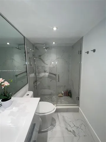 a bathroom with a shower and a toilet