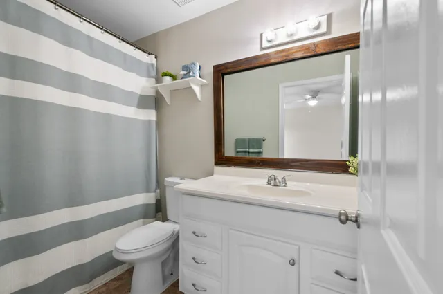 a bathroom with a sink a toilet a mirror and shower curtain