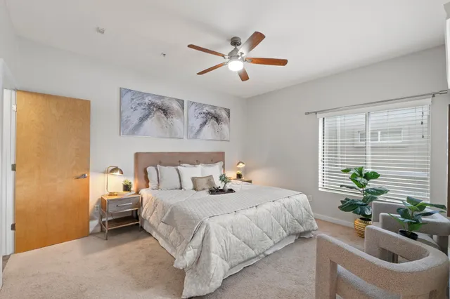 a bedroom with a bed and ceiling fan