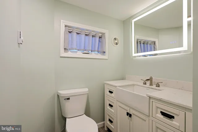 a bathroom with a sink a toilet and a mirror