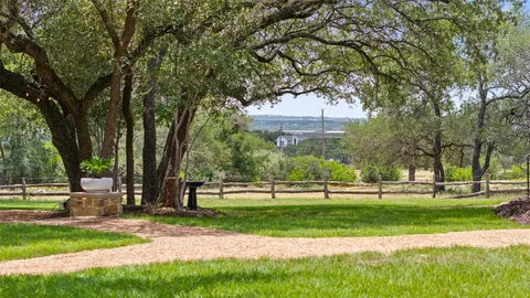 a view of a park with large trees