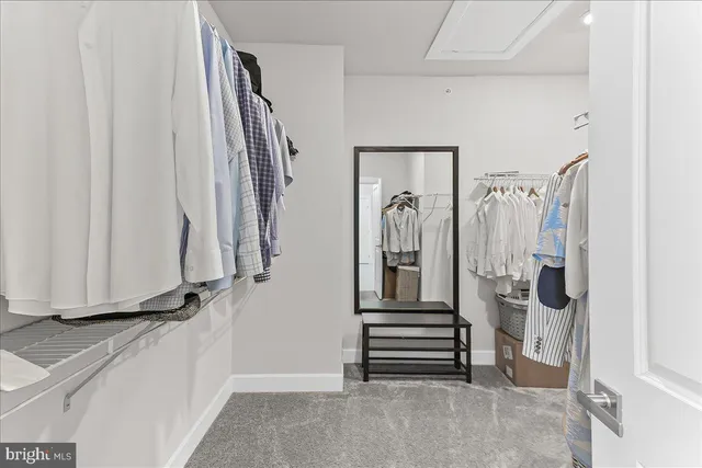 a view of walk in closet with clothes