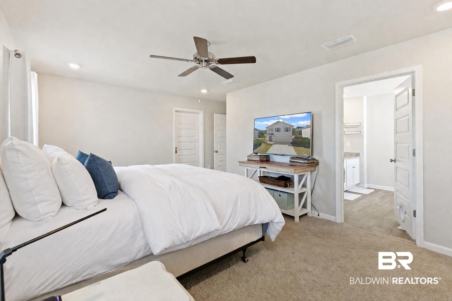 32234 Calder Court Daphne, AL 36527 - Photo 18 of 32 Bedroom featuring a ceiling fan, recessed lighting, and light carpet